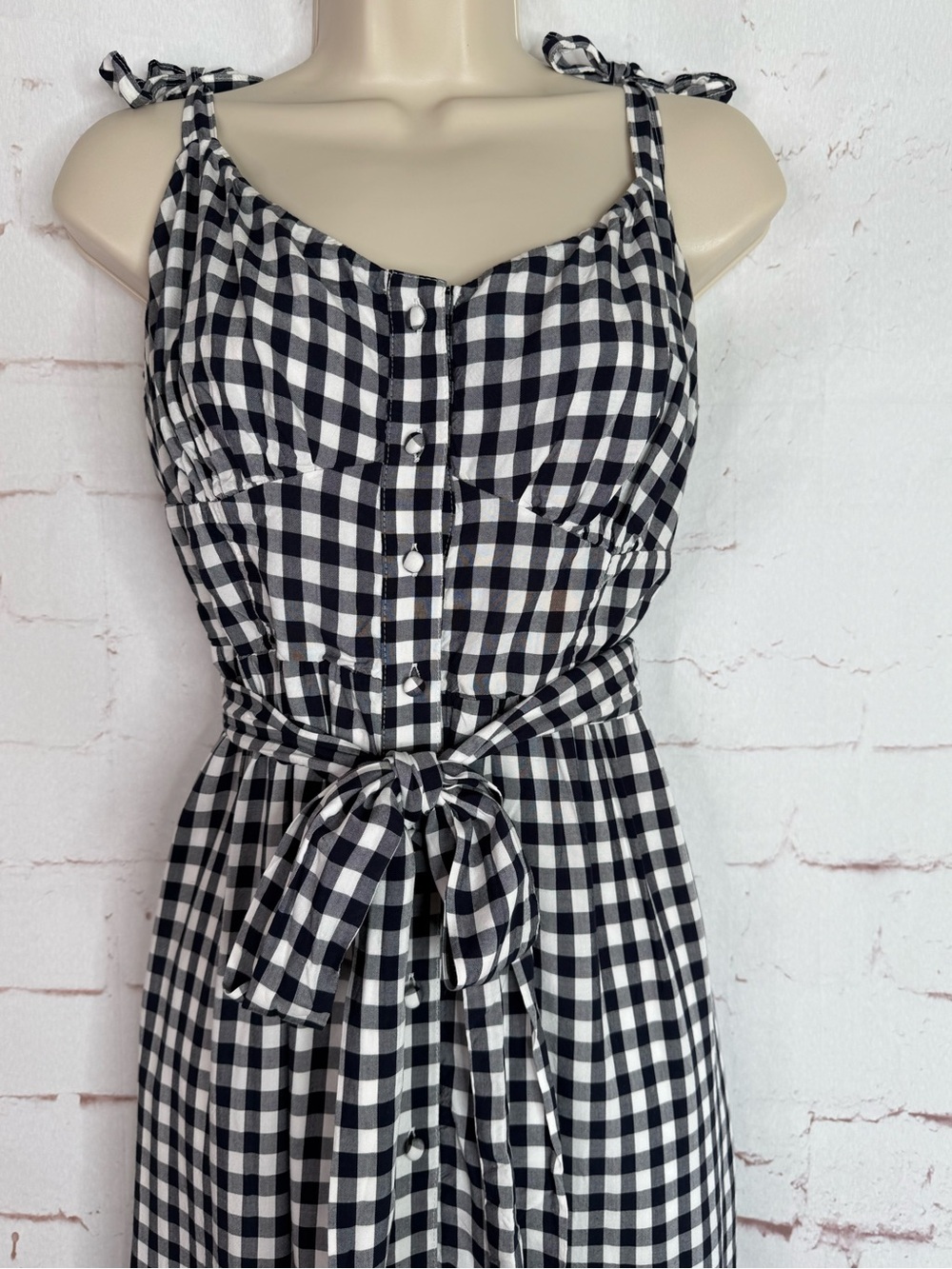 J CREW Gingham Black & White Button Front Size 8 Tie Strap Ruffle Hem Midi Dress - Picture 6 of 16